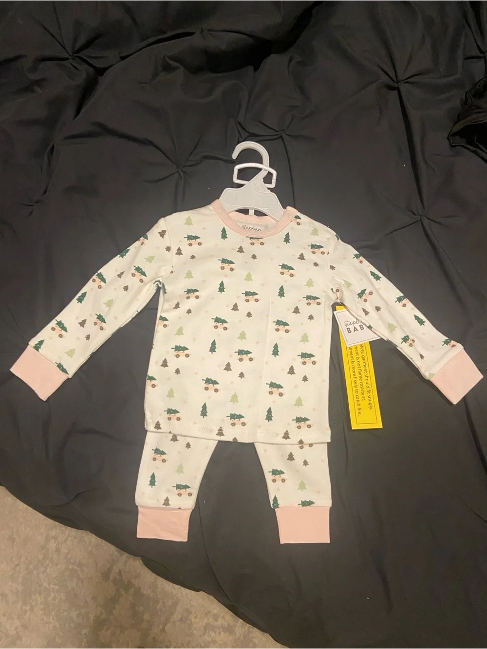 Toddler White cotton Pajama Set with Pink Trim and Green Tree Print